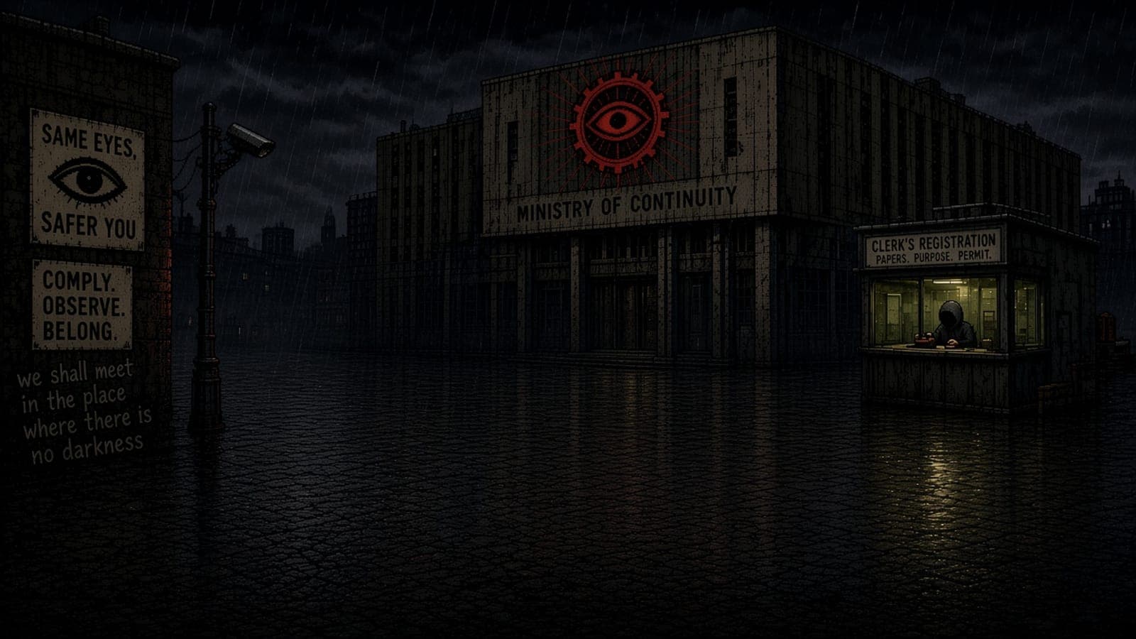 The square outside the Ministry of Continuity at night. A lit registration booth, a faceless clerk, and a queue.